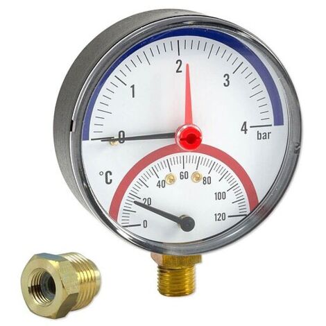 Thermo-Manometer Ø 80 mm - Anschluss radial - Anzeige 0 - 4 bar / 0 bis 120 °C