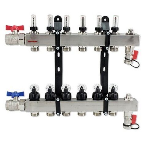 Edelstahl-Verteiler für Fußbodenheizung für 6 Kreise mit Topmeter und Zubehör