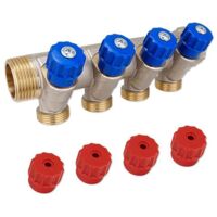 Messing-Verteiler 1''IG x 1''AG - 4 Abgänge Eurokonus 3/4''AG - mit Absperrventilen