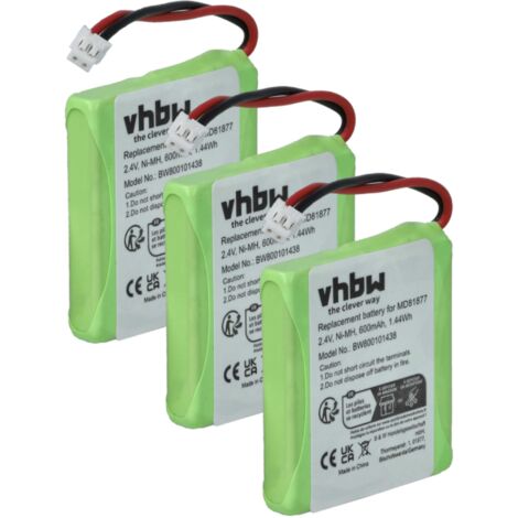 Vhbw 3x Battery 600mAh With Back Cover For Wireless Landline Phone
