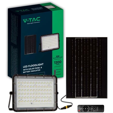 V-TAC VT-120W Faro led nero con pannello solare 15W e telecomando LED Proiettore con batteria sostituibile 6400K 3m Cavo - 7825