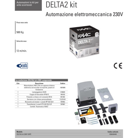 Kit di Automazione Per Cancelli Scorrevoli max 500kg - FAAC delta 2 kit 230v safe zone 1056303445