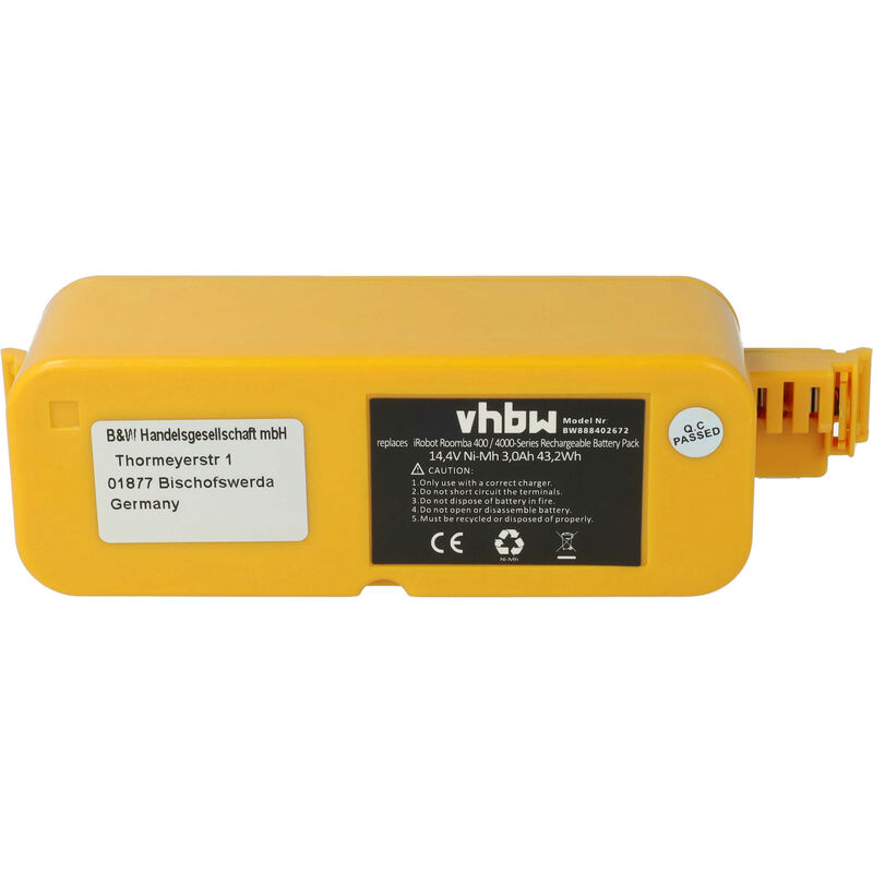 Vhbw® Batería de recambio NIMH 2000mAh (14.4V) compatible con iRobot Roomba  de las series 500, 600, 700, 800, 900