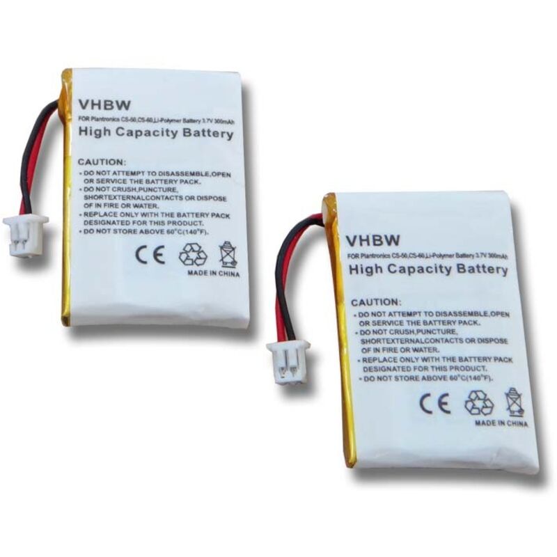 vhbw 2x Batteries remplacement pour Plantronics 653580, ED-PLN-6439901, PLN-6439901 pour casque audio, écouteurs sans fil (300mAh, 3,7V, Li-polymère)