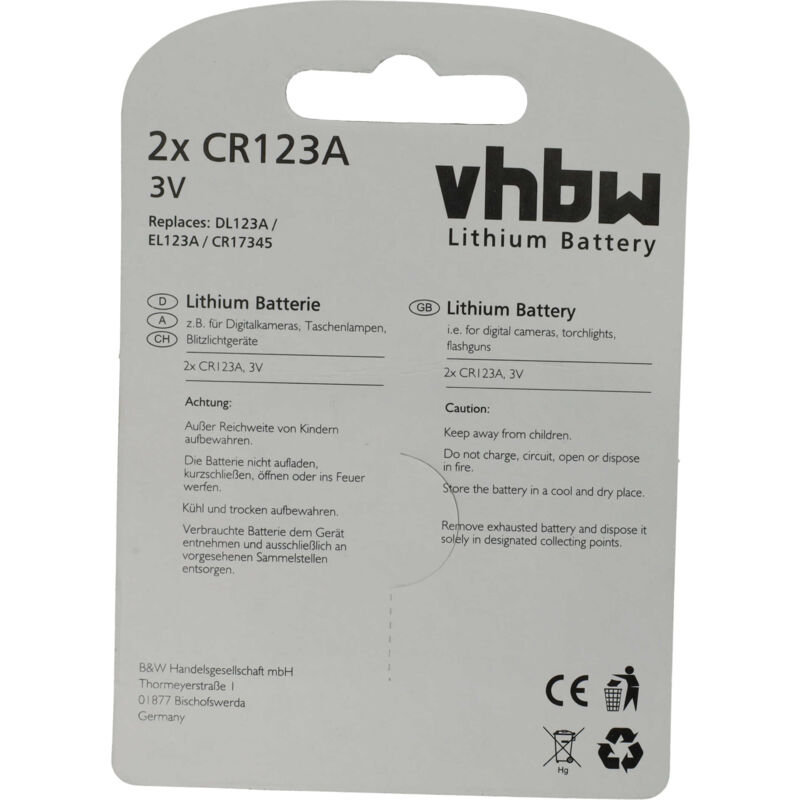 Vhbw 2x Piles remplacement pour CR123a, CR17345, CR17435, DL123A, EL123A,  16340 (3V) pour divers appareils