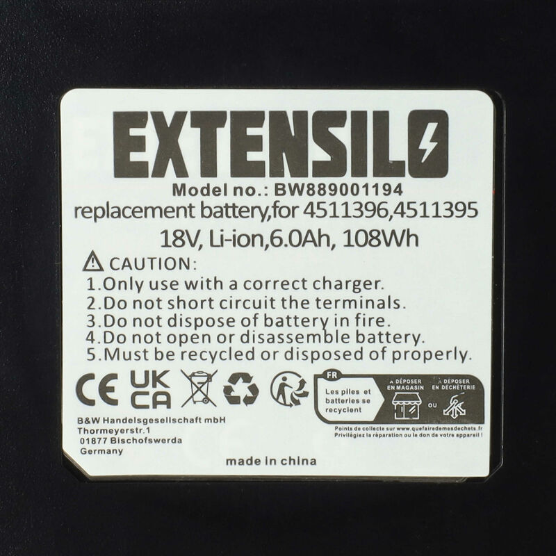 EXTENSILO Batterie compatible avec Einhell TE-TC 18/115 outil électrique,  outil de jardin, aspirateur eau/poussière (6000 mAh, Li-ion, 18 V)