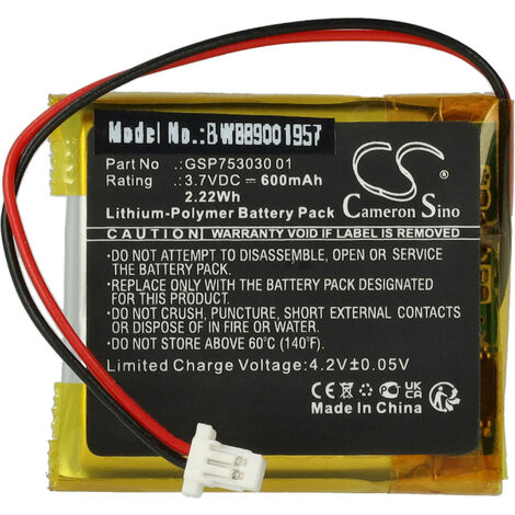 vhbw Batterie remplacement pour JBL GSP753030 01 pour casque audio,  couteurs sans fil (600mAh, 3,7V, Li-polymre)
