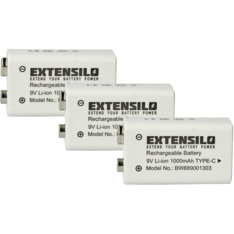 EXTENSILO 3x Piles bloc batterie 9V pour divers appareils (1Ah, 9V, Li-ion), prête à l'emploi (1/5)