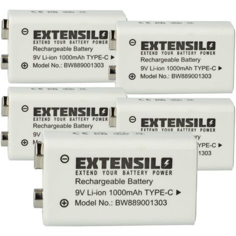 EXTENSILO 5x Piles bloc batterie 9V pour divers appareils (1Ah, 9V, Li-ion), prête à l'emploi (1/5)