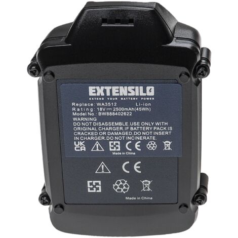 EXTENSILO 2x Batterie compatible avec Worx WX368, WX372, WX292, WX368.1, WX371, WX371.2, WX290.9, WX292.9 outil électrique (2500 mAh, Li-ion, 18 V) (1/4)