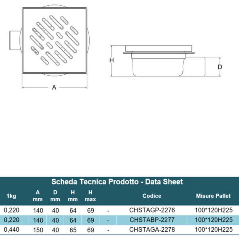 Chiusino Sifonato Scarico Verticale - 20x20 Cm, In PP Anti UV, Grigio