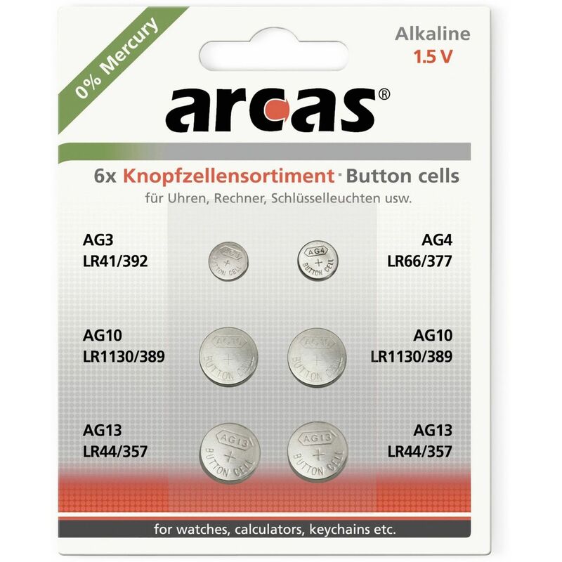 ARCAS Knopfzellen-Set, AG3, AG4, AG10, AG13, 6-teilig