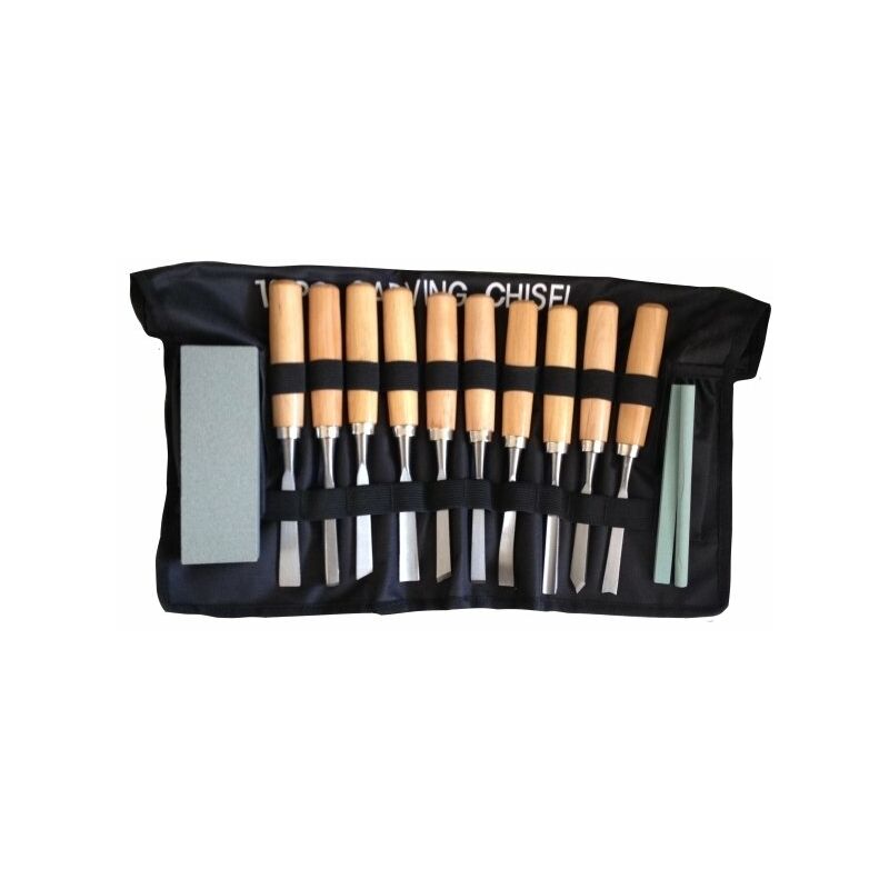 Set 12 Scalpelli Per Legno Con Martello In Nylon E Borsa In Tela – Lame In Acciaio, Manici Ergonomici In Legno, Profili Diversi Per Intaglio E Scultura