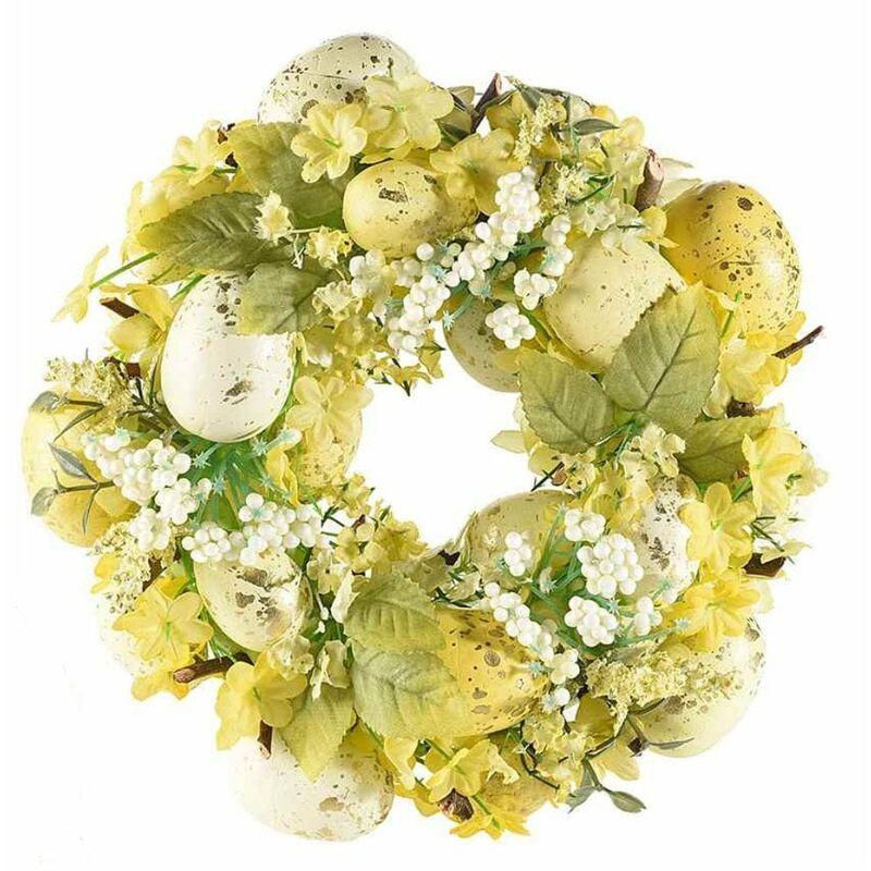 Ghirlanda pasquale decorativa con fiori e uova artificiali - Colore:  Giallo/Verde