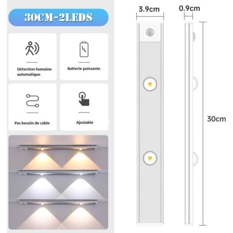Réglette LED avec détecteur de mouvement et batterie rechargeable USB en CCT pose facile.  Dimension: 30cm
