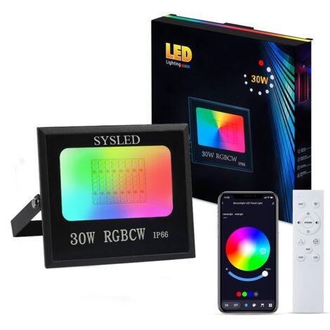 Sysled – Projecteur LED RGBCW intelligent 30W – Contrôle via smartphone – Réactif à la musique – Angle de diffusion 120° – Pour intérieur et extérieur (1/5)
