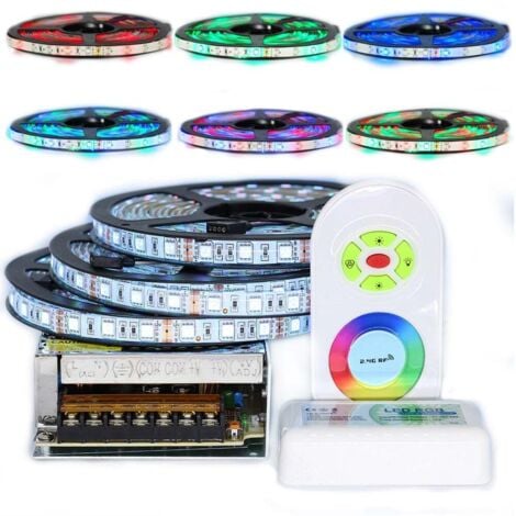 Kit ruban Professionnel 5050 - 60 LED/m - 15 mètres ( 3x5m )RGB anti-éclaboussure (IP65) avec contrôleur radio et transformateur  Longueur: 15 mètres (3x5m)