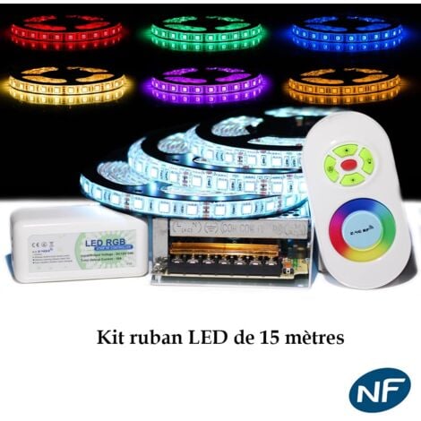 Kit ruban Professionnel 5050 - 60 LED/m - 15 mètres ( 3x5m )RGB anti-éclaboussure (IP65) avec contrôleur radio et transformateur  Longueur: 15 mètres (3x5m)