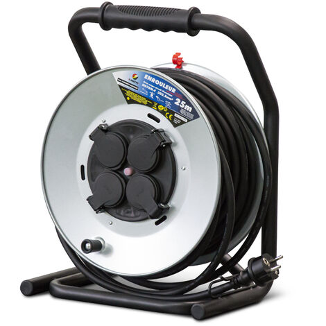 Enrouleur électrique 25m 4 prises à clapet – Acier galvanisé – IP44 intérieur/extérieur – Disjoncteur thermique 3200W – I-Watts Pro - prises-h07rn-3g2