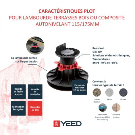 Plot terrasse autonivelant bois ou composite - 115 à 175 mm - YEED - A l'unité