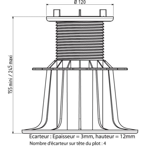 Plot autonivelant pour terrasse dalle ou caillebotis 155 à 245 mm - JOUPLAST - A l'unite