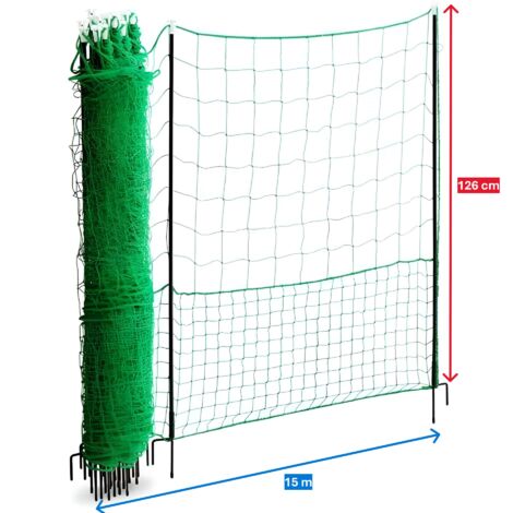 Filet pour poules 15m x 1,26m – Fil en nylon tressé épais – Maille 5cm – Installation simplifiée avec porte intégrée