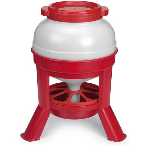 Mangeoire à trémie pour volailles 20l en plastique durable – Sur pieds pour accès facilité – Anneau anti-gaspillage – Couleur rouge et blanche – Gaun (1/2)