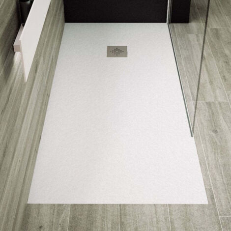 Receveur de douche 80 x 140 cm extra plat PURE en résine surface ardoisée blanc Grille inox