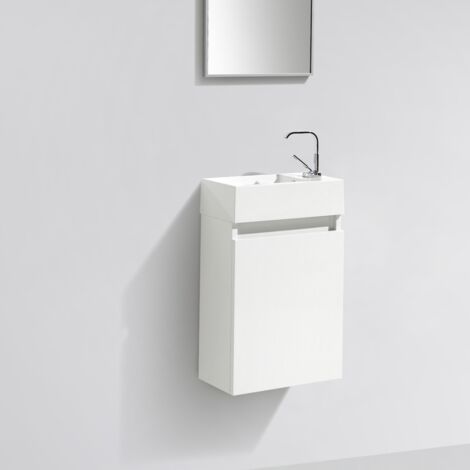 Stano. – Meuble lave-mains suspendu 40 cm – Plan-vasque en marbre blanc – Système trop-plein intégré – Design minimaliste avec porte cachée