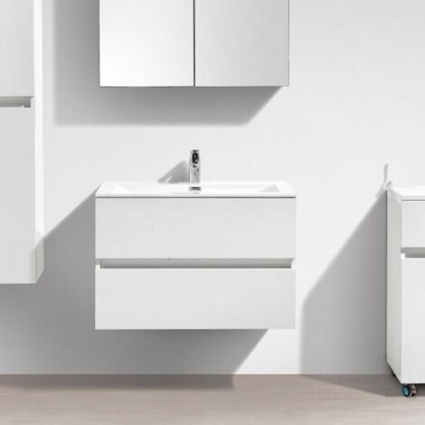 Stano. – Meuble salle de bain avec vasque simple 80 cm – Plan-vasque en marbre synthétique blanc laqué – Installation murale rapide
