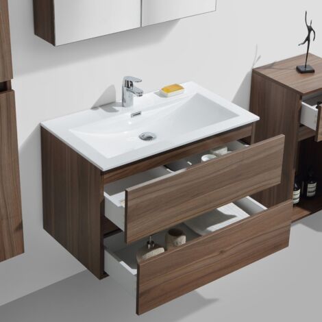 Stano. – Meuble salle de bain suspendu avec vasque simple 80 cm – Noyer mélaminé – 2 tiroirs avec amortisseurs – Système de trop-plein intégré