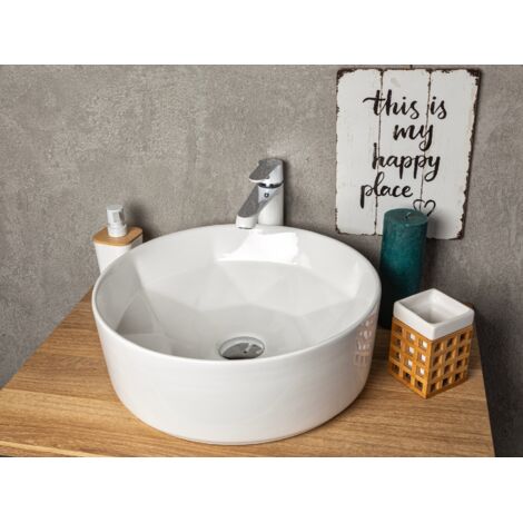 Vasque à poser ronde en céramique ELYNA design intérieur en forme de diamant Ø40 cm (1/5)
