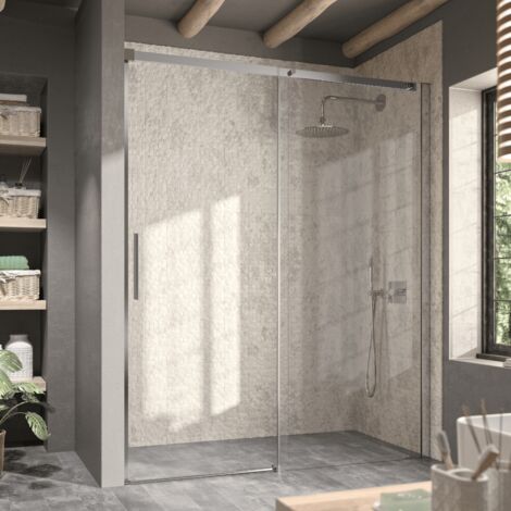 Kassandra – Paroi de douche fixe avec porte coulissante 165 cm – Verre trempé 8 mm – Aluminium anodisé brillant – Traitement anticalcaire (1/5)