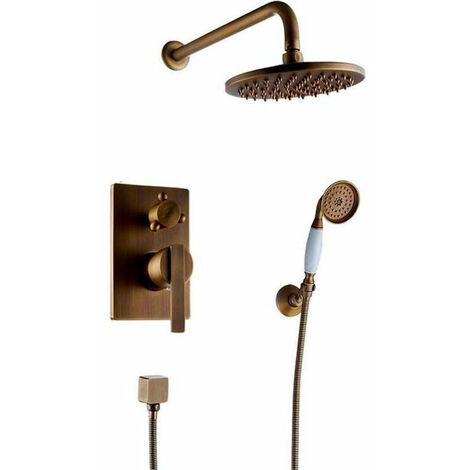 Colonne de douche encastrée rétro – Finition or ancien – Pommeau laiton 150mm – Longueur flexible 150 cm – Cartouche céramique – Valaz