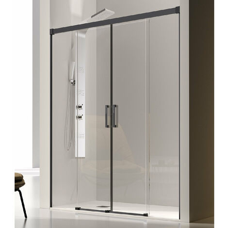 Paroi de douche 2 verres fixes + 2 portes coulissantes GLASÉ profil noir mat 150 cm (1/5)
