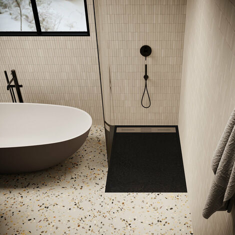 Receveur de douche 90 x 140 cm extra plat LUCIA en SoliCast® surface ardoisée noir (1/5)