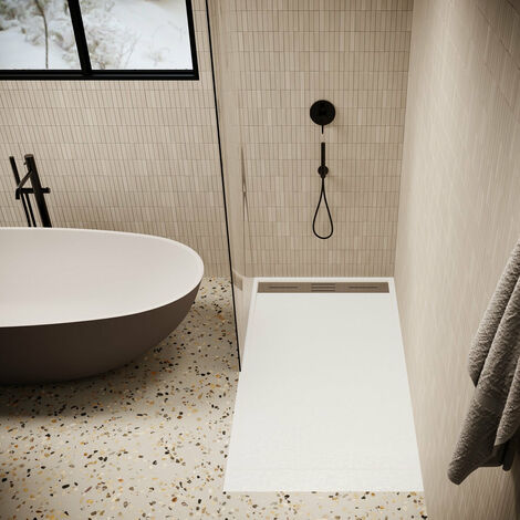 Stano. – Receveur de douche à poser 90 x 160 cm – Extra plat en SoliCast® – Surface ardoisée antidérapante – Grille inox pour évacuation efficace