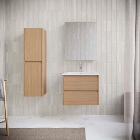 Stano. – Ensemble meuble de salle de bain suspendu avec vasque blanche – Largeur 60 cm – Meuble en chêne clair – Système de trop-plein intégré