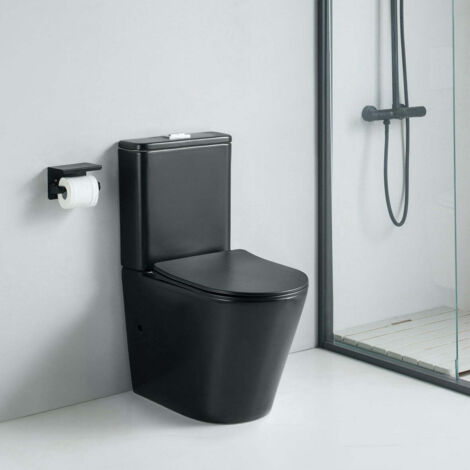 Stano. – Toilette WC à poser en céramique noir mat – Évacuation universelle – Technologie Rimless pour hygiène optimale – Dimensions 620x365x825mm