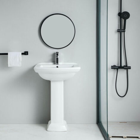 Lavabo sur colonne rétro 60 cm en céramique blanche – 1 trou de robinetterie pré-percé – Vasque avec trop-plein – Colonne cachant tuyauterie – Rogier&Mothes