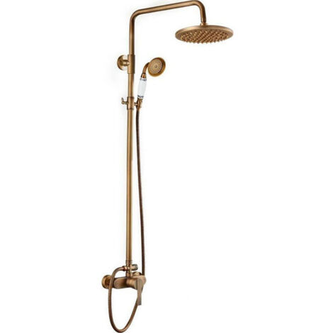 Colonne de douche thermostatique rétro or ancien – Laiton avec pomme haute 20cm – Mitigeur monocommande – Flexible 150cm – Valaz