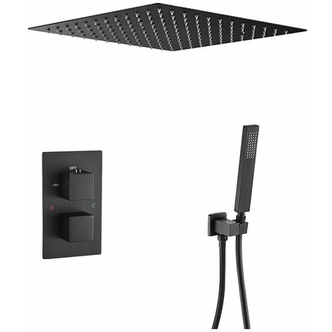 Set de douche thermostatique encastrable noir mat – Tête de douche carrée 30 cm extra-plate – Robinet en laiton 2 voies – Douchette flexible 150 cm – Valaz (1/5)