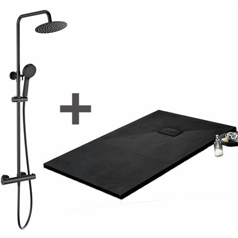 Pack Receveur de douche 80 x 120 cm extra plat noir + Colonne de douche thermostatique (1/5)