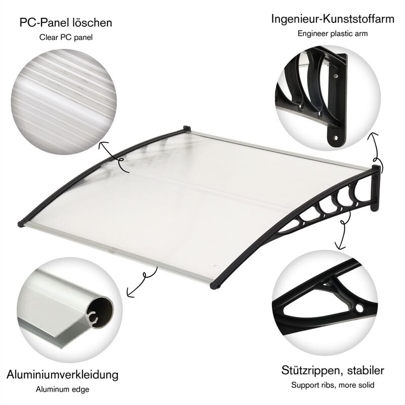 Modernes Design Polycarbonat-Vordach für Fenster, Regenschutz,  Außenmarkise, UV-Schutz, Sonnenschutz für Vorder- und Hintertür,  transparente