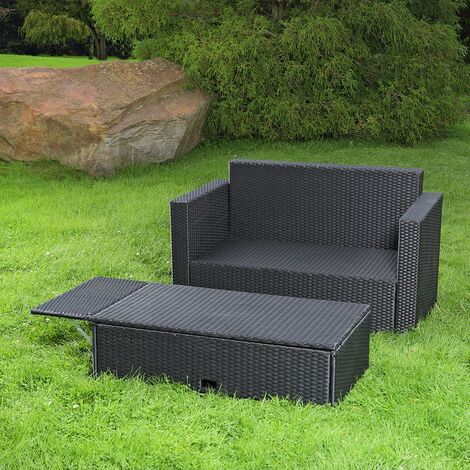 Polyrattan Gartensofa und klappbare Fußbank Lounge Sessel Gartenmöbel schwarz