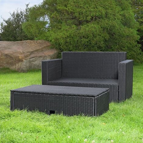 Polyrattan Gartensofa und klappbare Fußbank Lounge Sessel Gartenmöbel schwarz