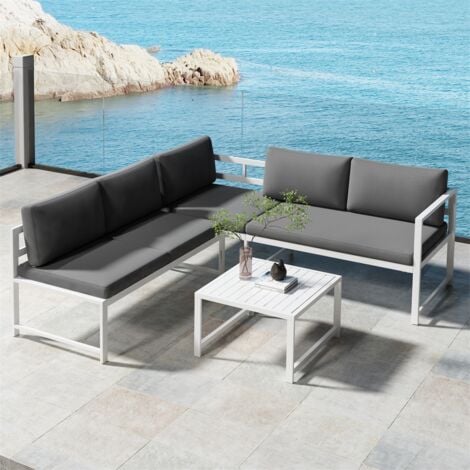 Sitzgruppe Weiß Aluminium Lounge Ecksofa mit Liegefunktion wetterfest