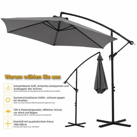 Sonnenschirm Grau Strandschirm Kurbelschirm 300 cm Ampelschirm Gartenschirm Marktschirm Terrassenschirm 3 m Meter Aufklappbar Sonnenschutz Garten