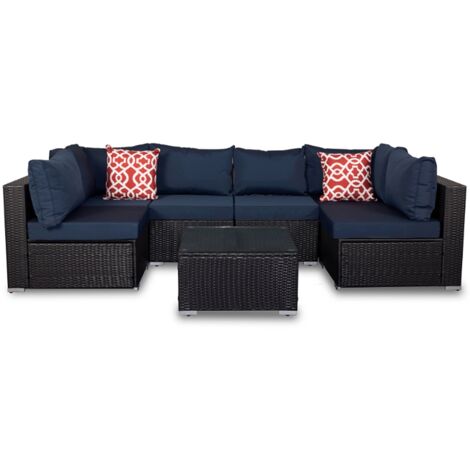 Gartenmöbel Sitzgruppe Sofa 7 tlg. Schwarz Blau Sitzkissen Lounge