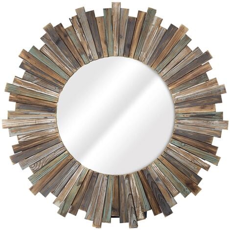 Wandspiegel 90 CM Rund Holz Deko Spiegel shabby Braun Flurspiegel Hängespiegel Holzrahmen Kosmetik Holzrahmen Massivholz Barock Antik